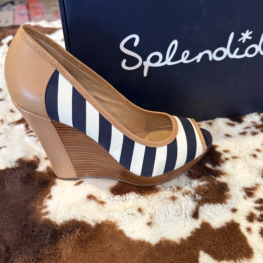 Splendid Navy and White Striped Peep-Toe Wedges with Tan Trim - Picture 7 of 7